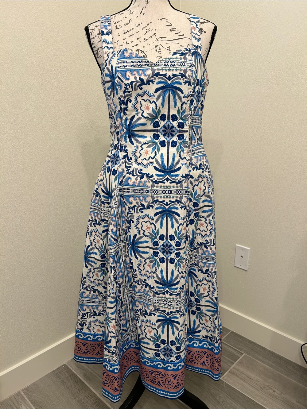 Avec Les Filles Tropical Print Midi Dress with Square Neck